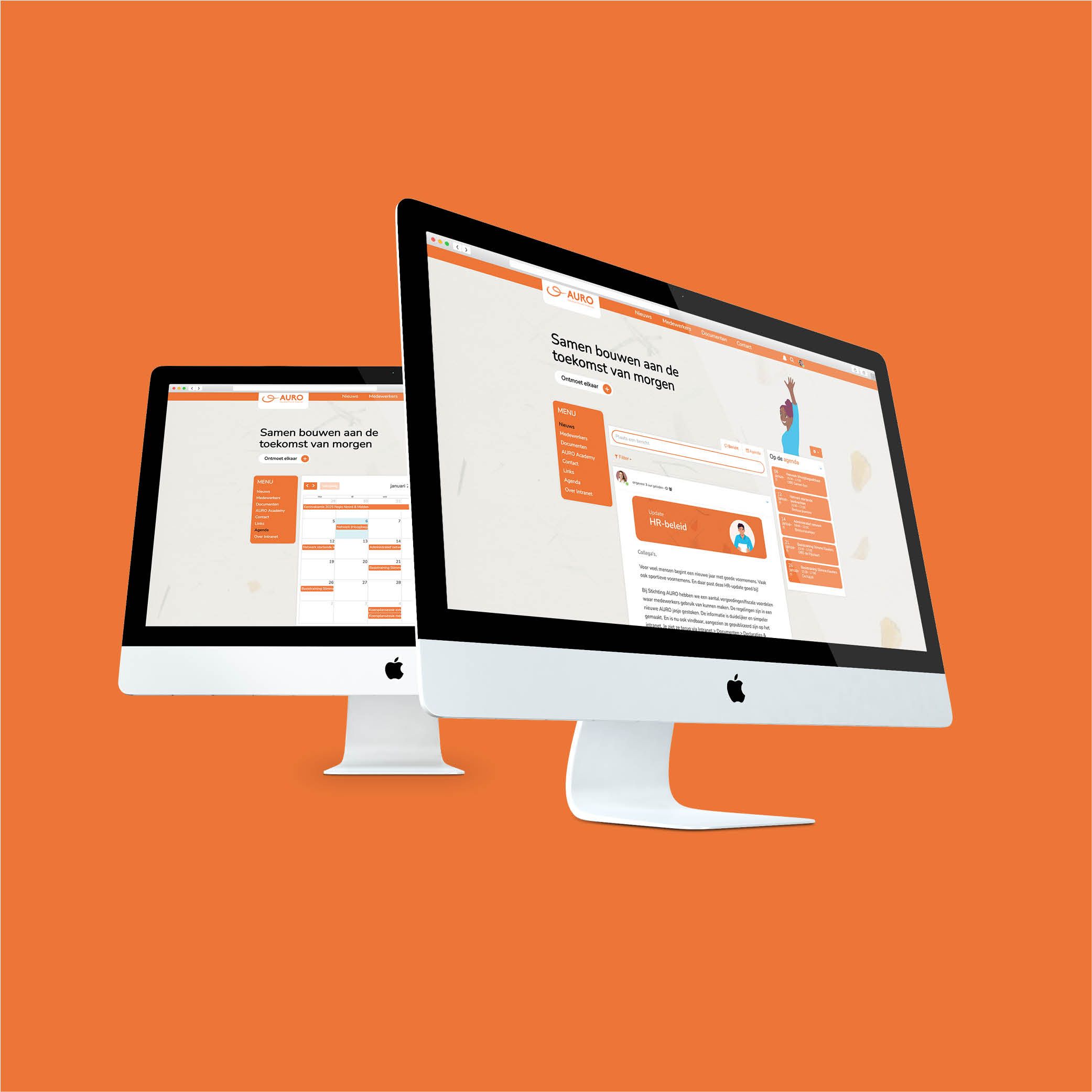 Computerschermen met daarop pagina's van het intranet voor Stichting AURO