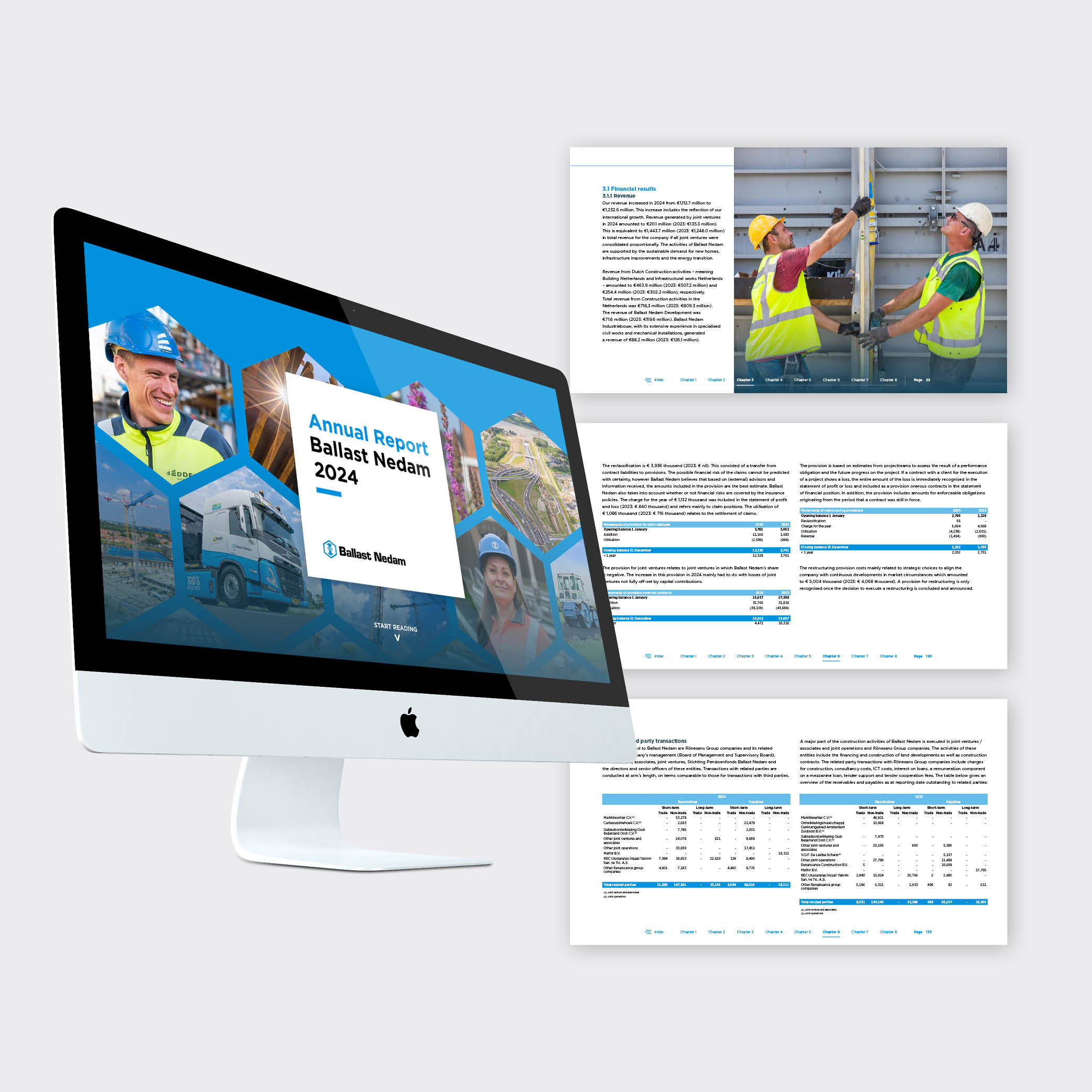Computerscherm met voorbeelden van het jaarverslag voor Ballast Nedam