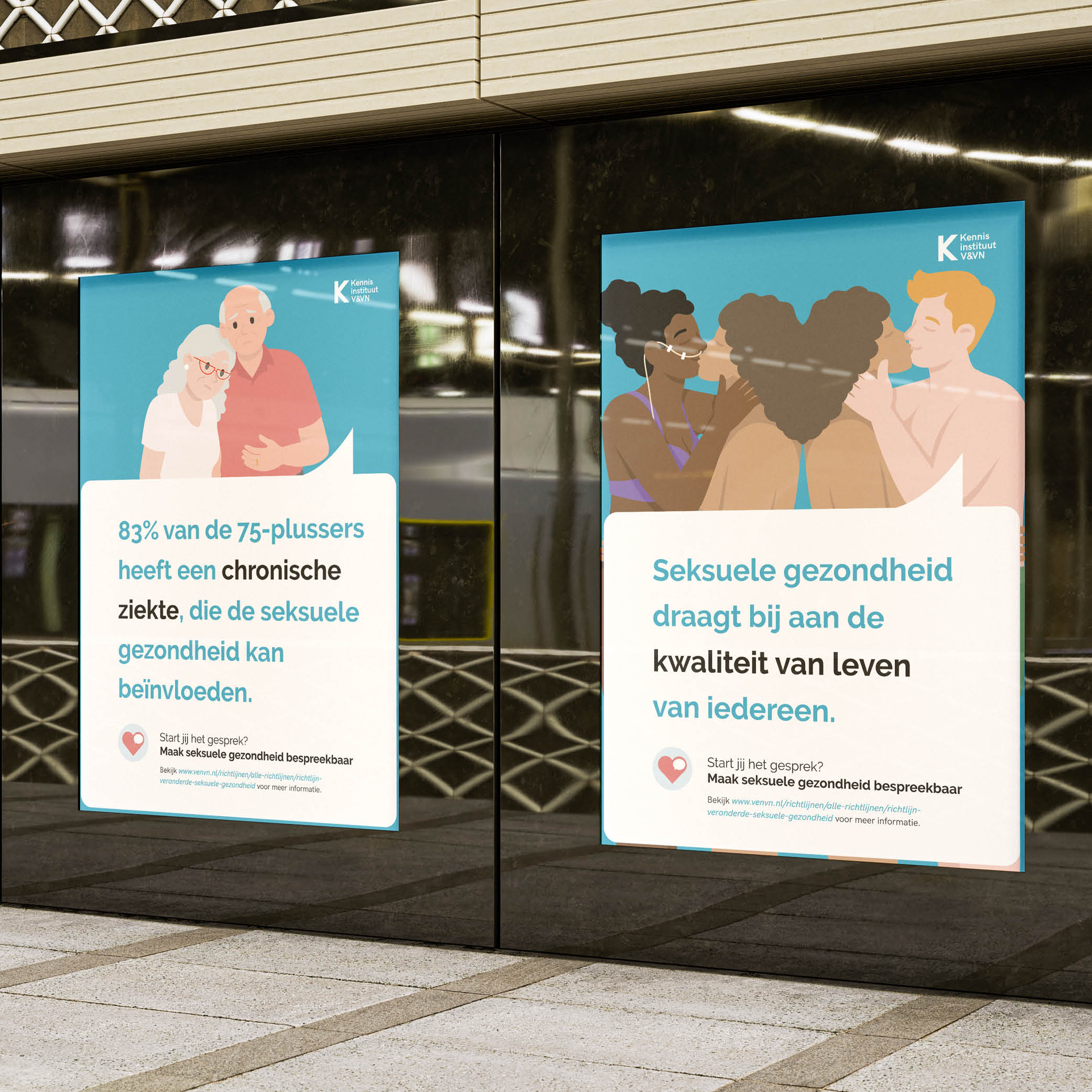 Foto met 2 campagneposters over seksuele gezondheid voor V&VN