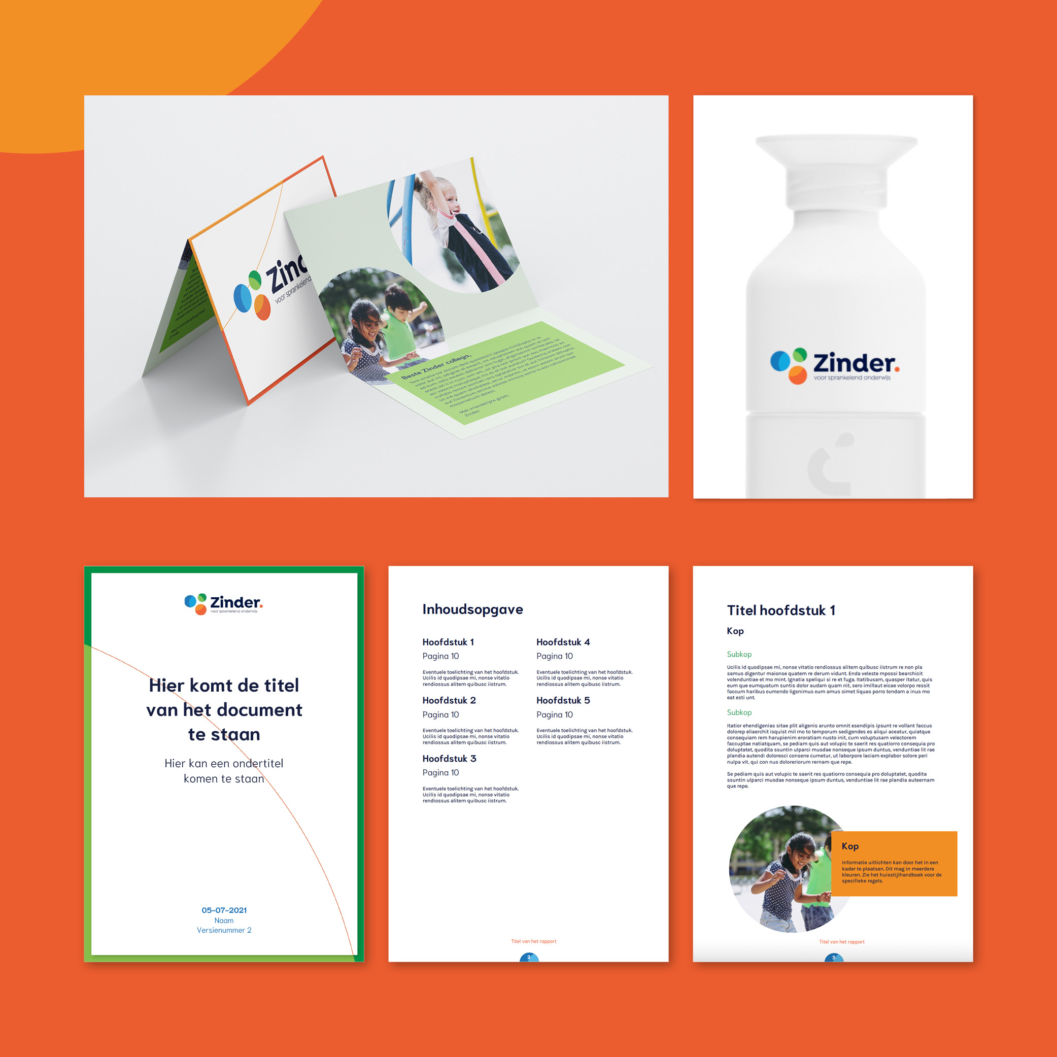 Verschillende voorbeelden van huisstijluitingen voor Zinder