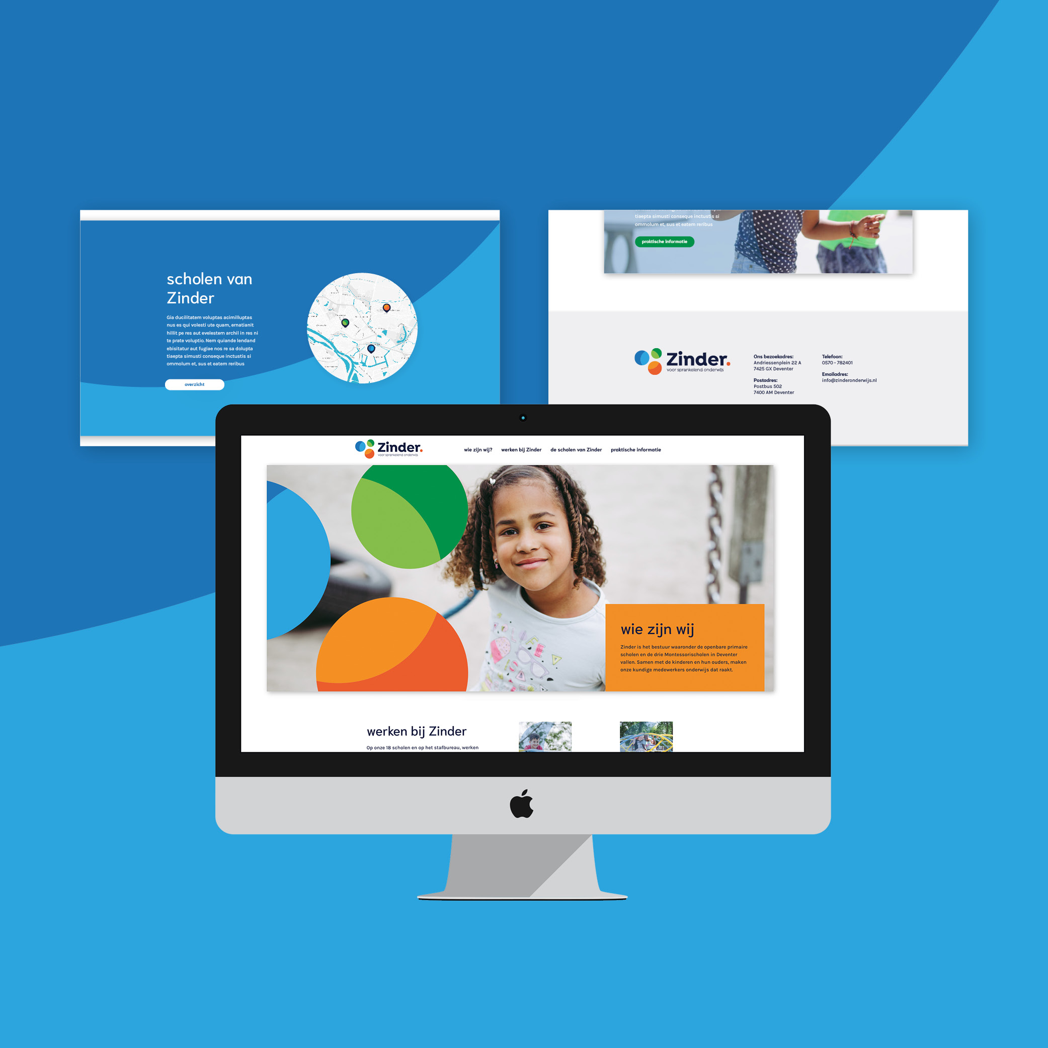 Computerscherm met verschillende pagina's van de website van Zinder