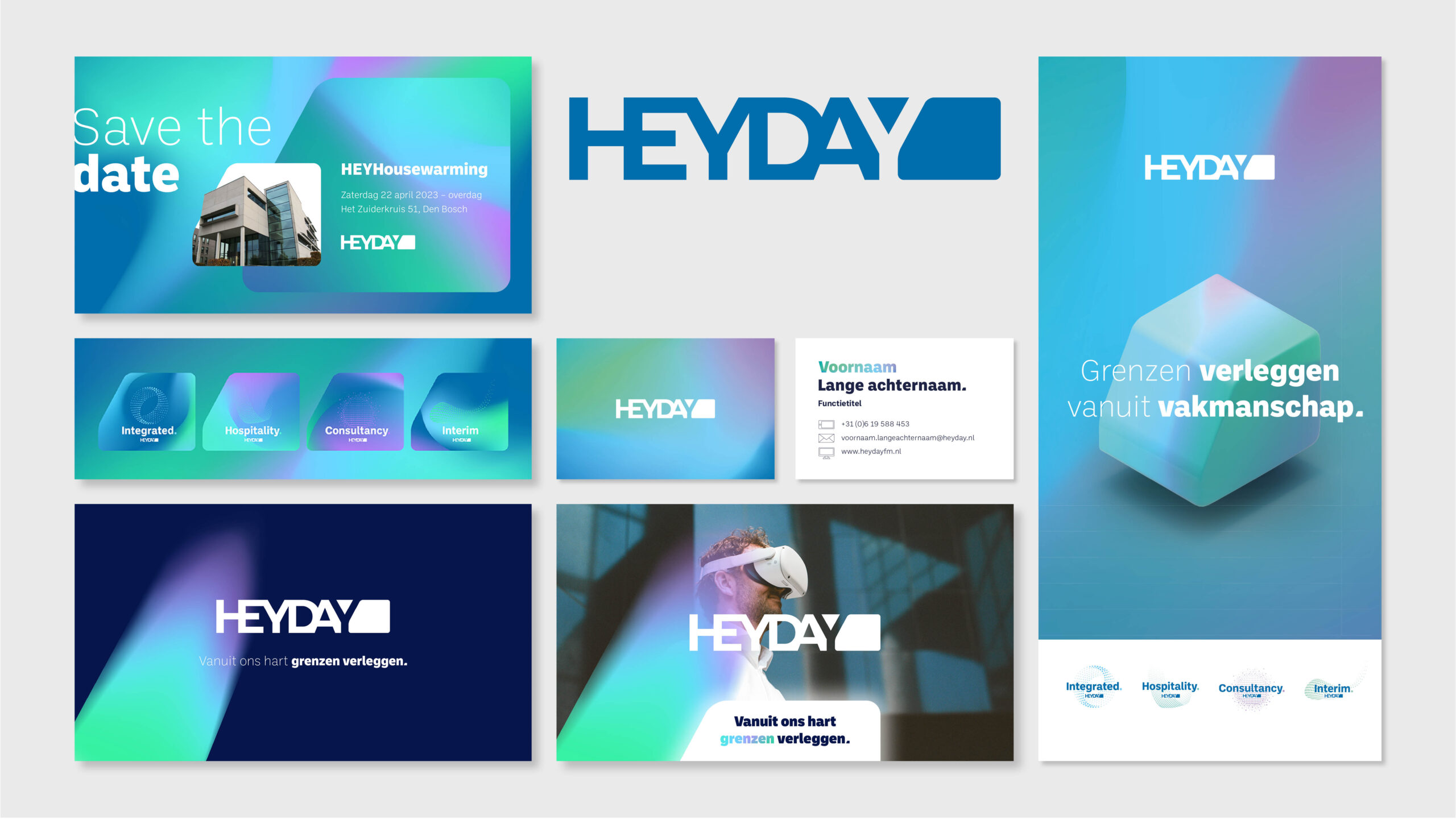 Voorbeeld van huisstijluitingen voor HEYDAY